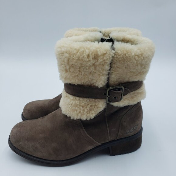 UGG Blayre II Boots 7 Womens Shearling Leather Buckle Strap Brown - Picture 2 of 12